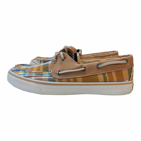 Sperry Top Sider Bahama Boat Shoe Womens Size 7 Brown Camel Plaid Canvas Slip On - Picture 4 of 14